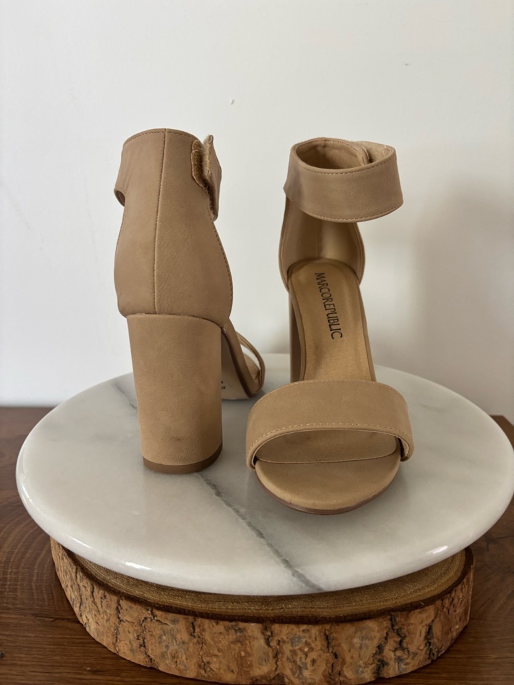 Marco Republic Taupe Ankle-Strap Block Heel Sandals